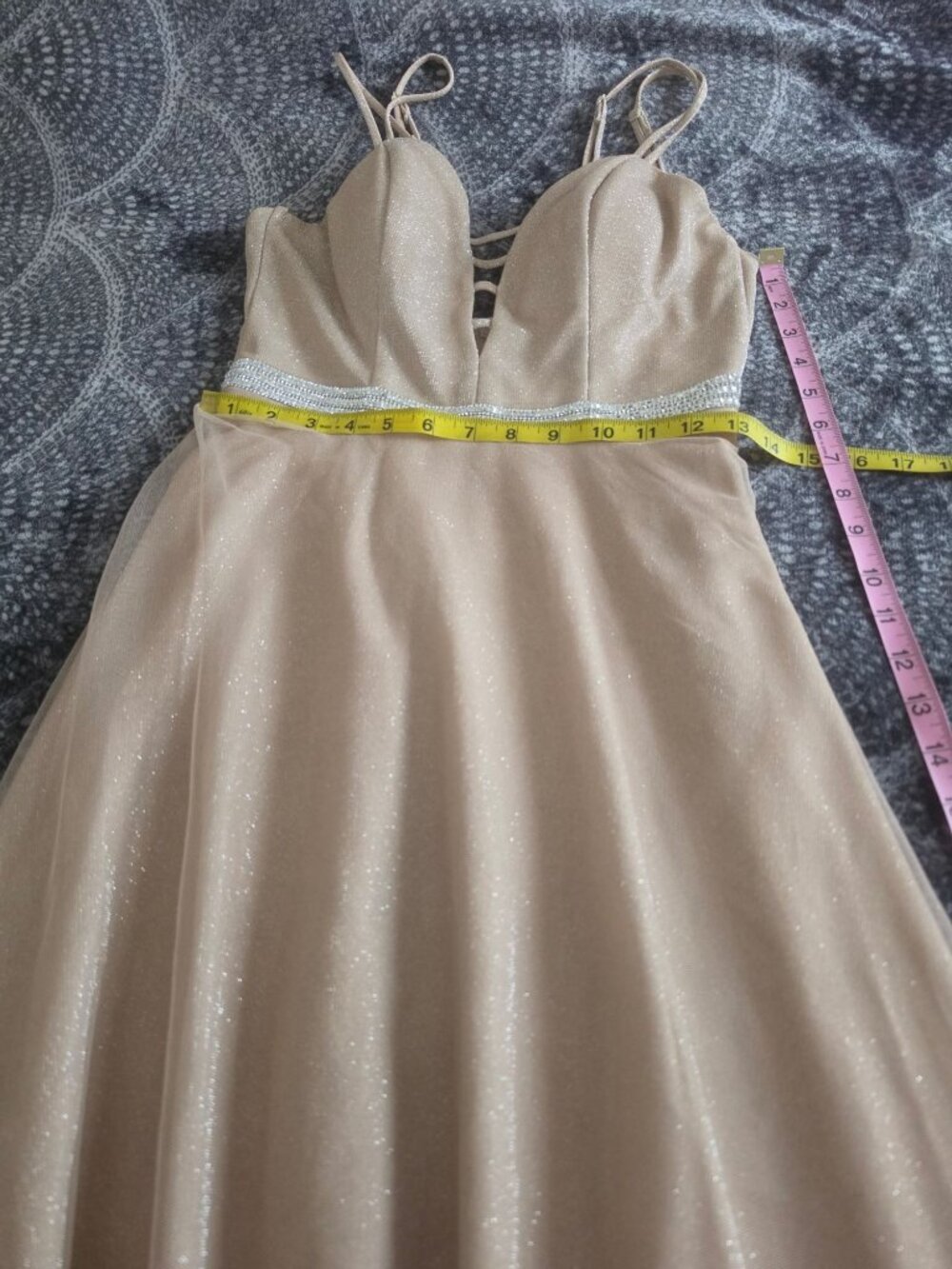 CITY TRIANGLES Gold Glitter Formal Gown W/Strappy Bodice & Rhinestone Waist - Picture 6 of 14